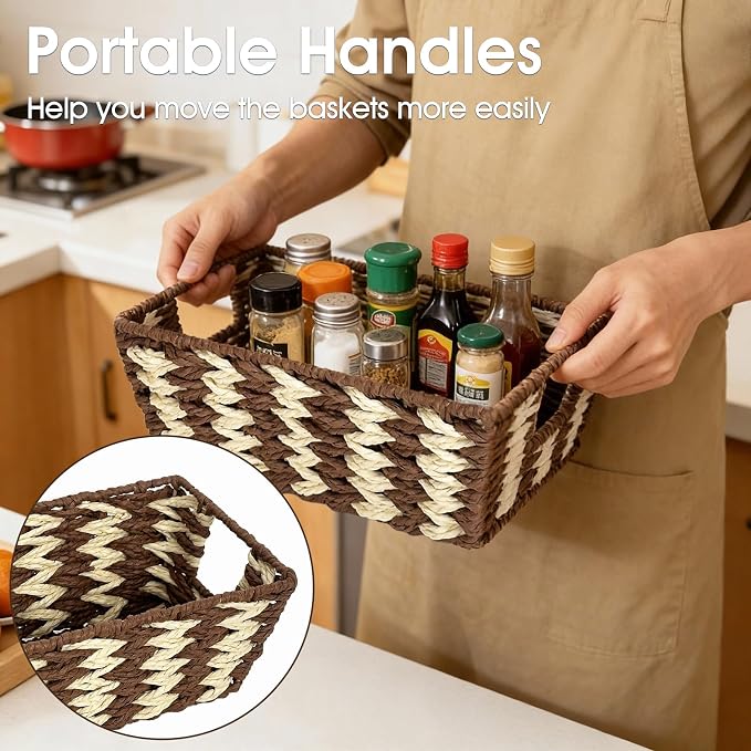 Paper Rope Storage Baskets for Shelves Organizing, Small Hand Woven Wicker Organizer Basket with Handle for Bathroom Toilet Paper Storage, Beige and Brown, 3-Pack