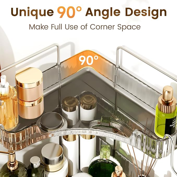 Corner Counter Organizer, 2-Tier Bathroom & Kitchen Storage Tray | Grey Vanity Organizer Storage Countertop with Hooks for Skincare, Makeup & Jewelry