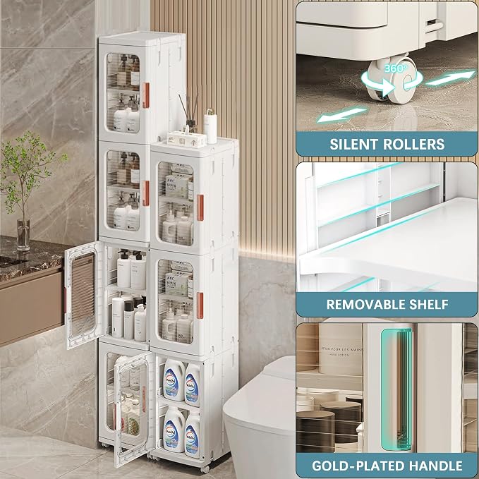 Tall Narrow Storage Cabinet, Plastic Organizer with Wheels, 4-Tier/White | Foldable Slim Cabinet for Bathroom, Kitchen, Laundry and Small Spaces, Adjustable Shelves & Magnetic Doors, Movable Wheels