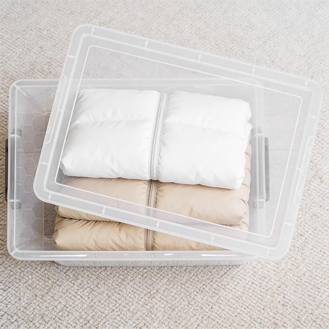 Citylife 48 Qt Ultra-Thick (3.82mm) Clear Plastic Storage Bins with Lids, 4-Pack Stackable Straight-Wall Closet Organizers with Honeycomb Base & Pinch-Free Latches for Garage, Clothes & Holiday Decor