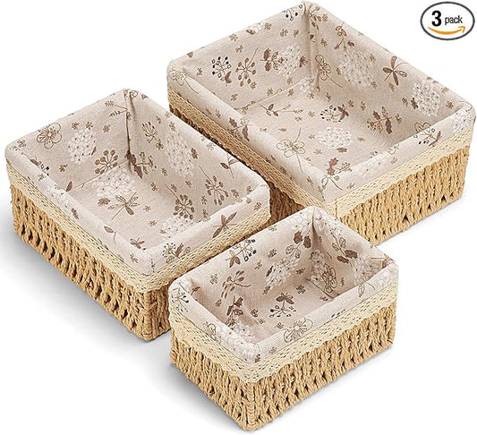 Amaredom Floral Wicker Baskets, Handwoven Multi-size 3-Pack Storage Baskets Set, Perfect For Home Organizing, Storage and Décor - Beige
