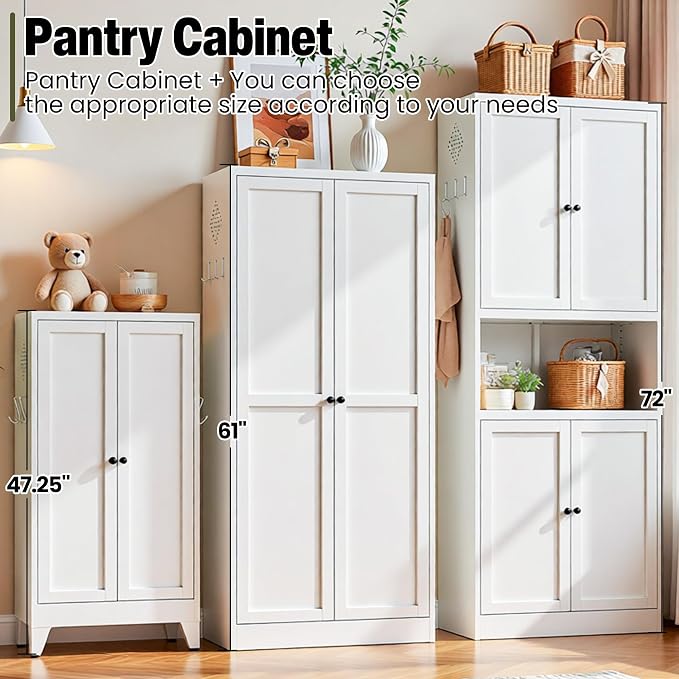 AQY Kitchen Pantry Cabinet,72" White Pantry Cabinet 3-Tier Adjustable Shelves 4 Doors, Freestanding Cupboard with Microwave Stand, Metal Cabinet with Handle for Living Room Kitchen Assembly Required