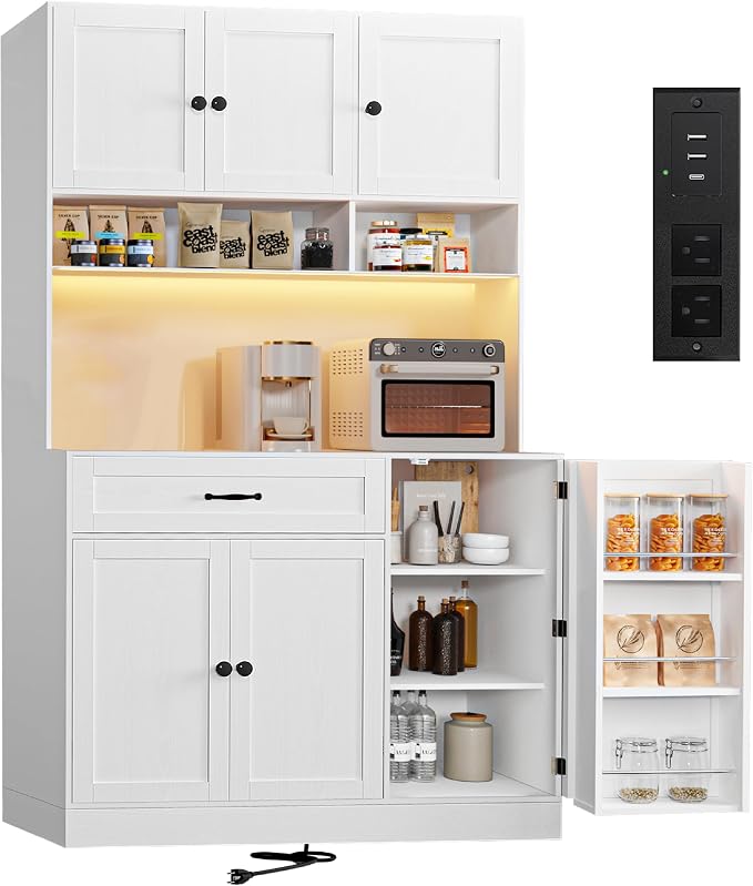 FJTJBSI 72" Kitchen Pantry Cabinet with LED Light and Charging Station Tall Pantry Storage Cabinet with Adjustable Shelves and Door Shelves Modern Kitchen Hutch with Microwave Stand and Countertop
