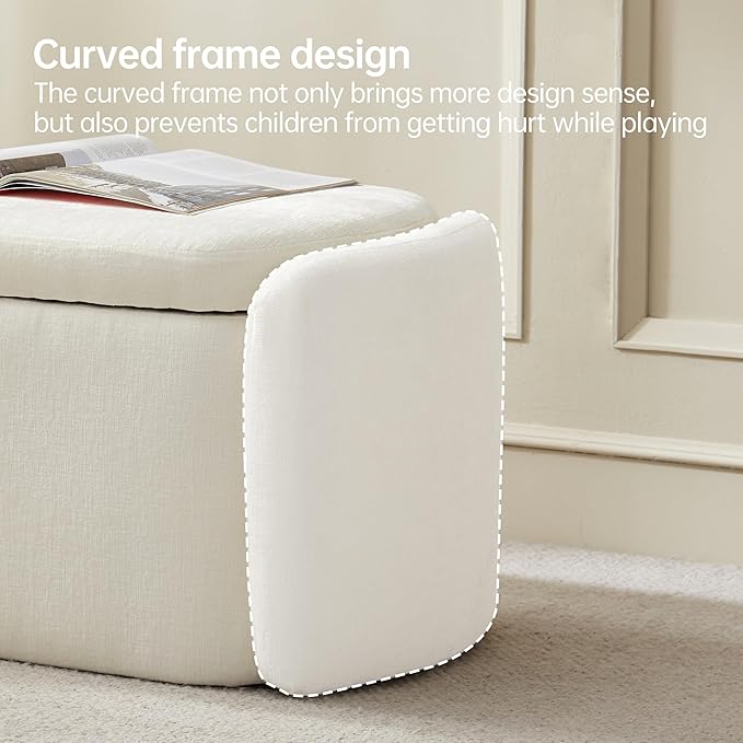 VKNOW Storage Bench, Upholstered Storage Ottoman Bench with Hinge, Cream | Ottoman Bench with Large Capacity, Curved Frame, Soft Fabric, Storage Bench for Bedroom, Living Room, Entryway, Window