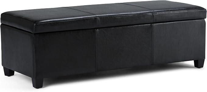 SIMPLIHOME Avalon Storage Ottoman Bench - 48" Wide x 16" High Upholstered Vegan Leather Rectangular Lift-Top Ottoman in Midnight Black, Contemporary Bench for Living Room with High-Density Foam