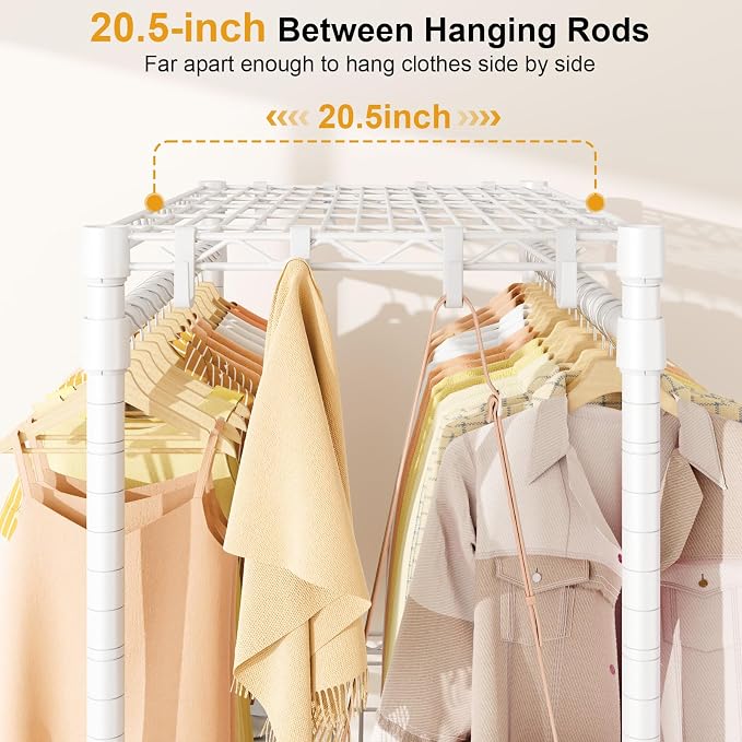 P5 Rolling Clothes Rack, Clothing Racks for Hanging Clothes, White | Heavy Duty Garment Rack with Wheels, 3-Tier Shelves, Portable Closet Racks 39.4'' W × 20.5'' D × 80.5'' H, Max Load 650 Lbs