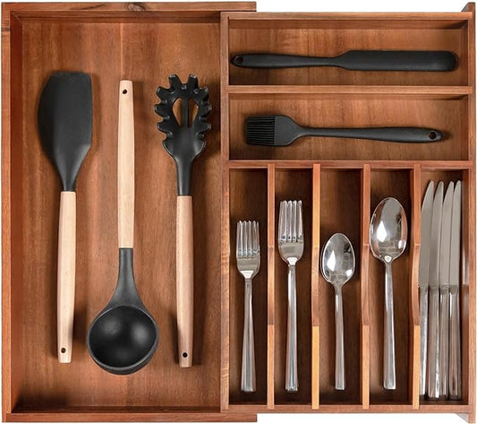 KitchenEdge Silverware & Utensil Drawer Organizer, 10.5-19 in, Acacia | Cutlery, flatware, food-safe contract grade, kitchen drawer fit