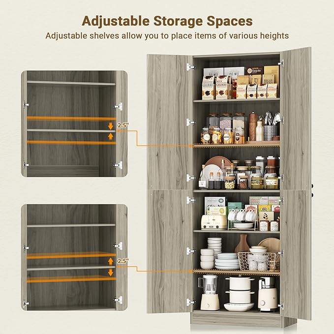 Cyclysio 80" Kitchen Pantry, Extra Tall Arch Storage Cabinet with 4 Soft Close Doors and Adjustable Shelves, Freestanding Wood Cupboard with Seamless Fit Wall for Dining Living Room Bathroom Furniture