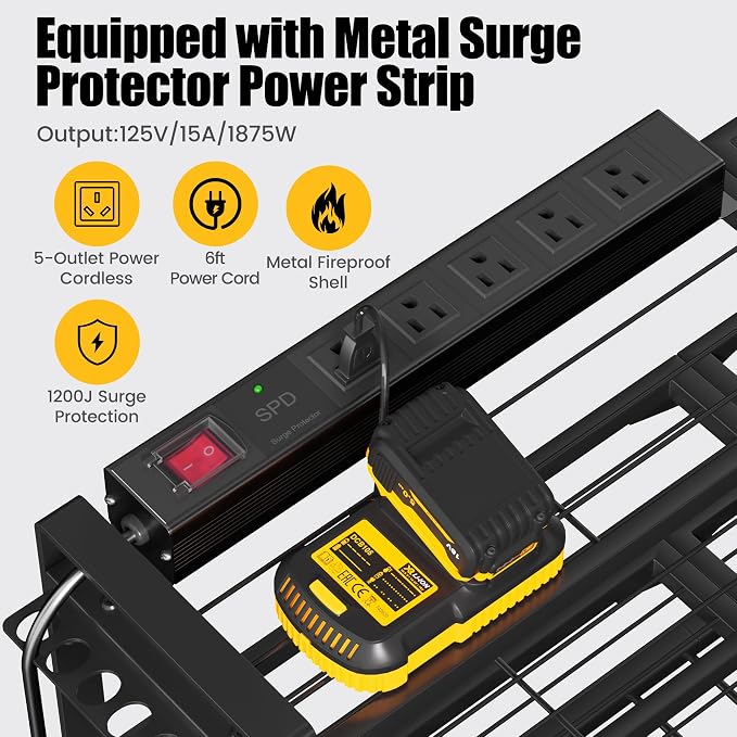 MOOMSINE Large Power Tool Organizer Wall Mount with Charging Station for Garage, 400lbs Metal Storage Rack with 8 Cordless Drill Holder, 4 Tier Heavy Duty Battery Tool Shelf with 5 Outlet Power Strip