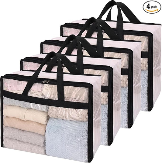 Fixwal Storage Bags 4 Pack 40L Mesh Clear for Blankets Clothes Sheets | Waterproof Clear Mesh Fabric, Zippered Closure, for Bedding Duvets Comforters and Clothes, Closet and Under-Bed Storage