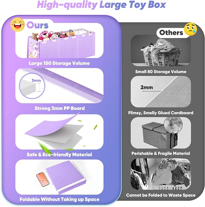 Extra Large Toy Box, Collapsible Toy Storage Organizer, 40"x16"x16", Purple | Sturdy Kids Toys Bin Chest with 2 Pockets and Dividers for Boys Girls, Dust-Proof, Nursery Bedroom Organization