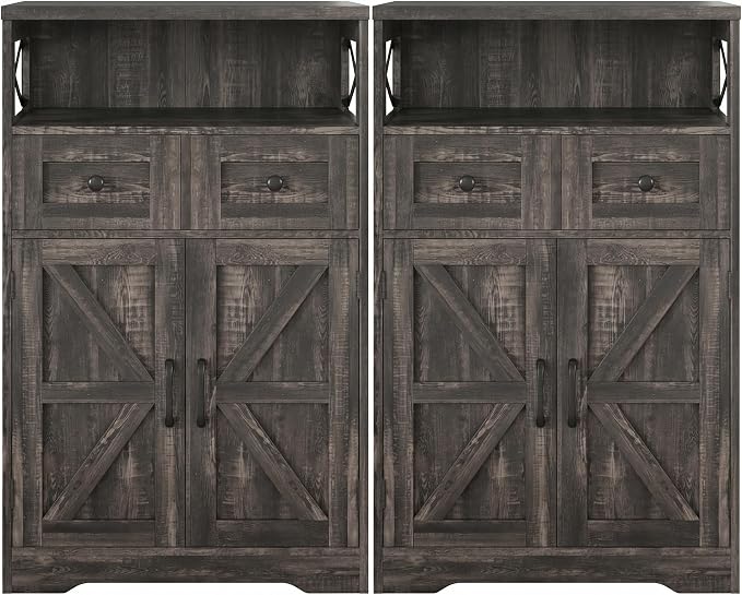 Farmhouse Storage Cabinet Set of 2, Small Kitchen Pantry Coffee Bar Cabinet | Accent Buffet Cabinet Cupboard, 2 Drawers, Barn Doors & Adjustable Shelves, for Kitchen/Entryway/Bathroom, Dark Wood