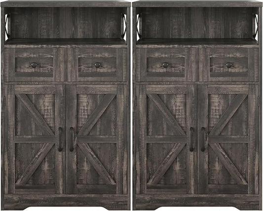 Farmhouse Storage Cabinet Set of 2, Small Kitchen Pantry Coffee Bar Cabinet | Accent Buffet Cabinet Cupboard, 2 Drawers, Barn Doors & Adjustable Shelves, for Kitchen/Entryway/Bathroom, Dark Wood