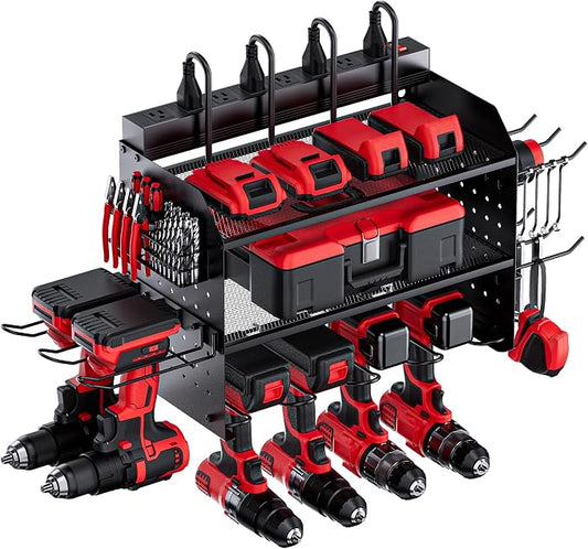 TRZZ Power Tool Organizer Wall Mount, 3-Layer Charging Station, Black | 8 Outlets, 6 Drill Holders, Drill Bit Rack, Efficient Organized Storage, for Garage, Workbench, Workshop