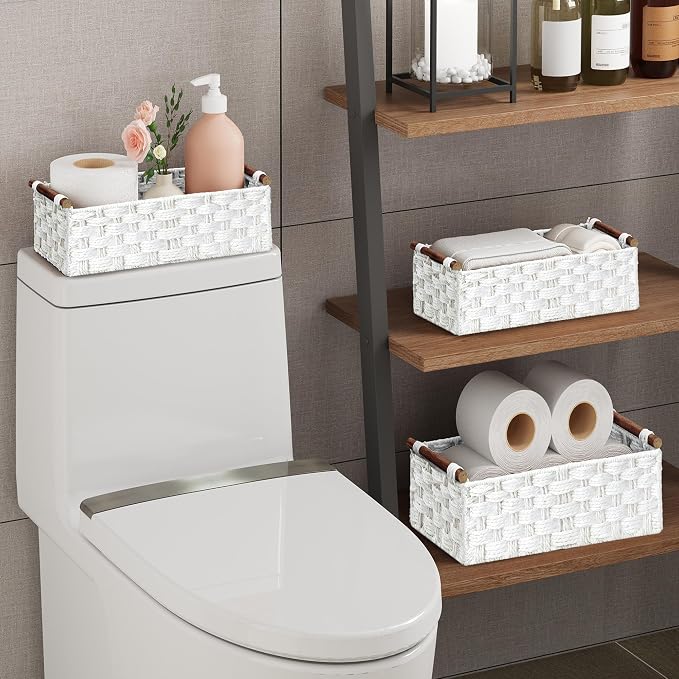 Vagusicc Wicker Storage Basket, Set of 2 Hand-Woven Paper Rope Wicker Basket for Organizing with Handle Decorative Storage Bins for Counter Pantry Shelves Toilet Paper Basket for Toilet Tank Top,White