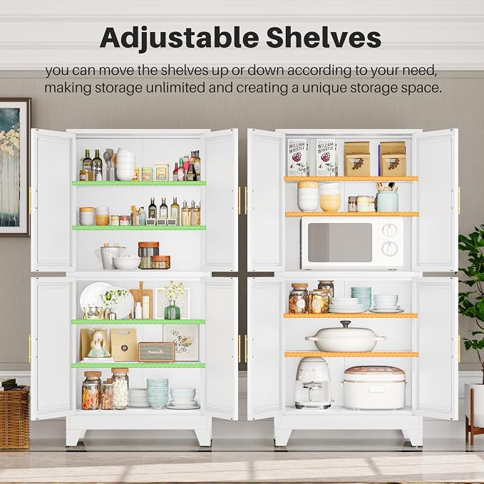 winiowa 75" Tall Kitchen Pantry Cabinet, Metal Storage Cabinet with Doors and Adjustable Shelves, White Freestanding Pantry Cabinet for Kitchen, Dining Room, Living Room, Laundry Room, Bathroom