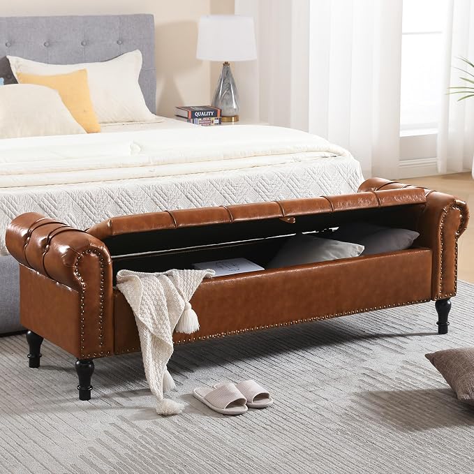 Storage Bed Bench for Bedroom, Faux Leather 67" End of Bed Benches, King Size Bench with Arm, Tufted Button Upholstered Ottoman Bench for Living Room, Entryway, Yellow Brown