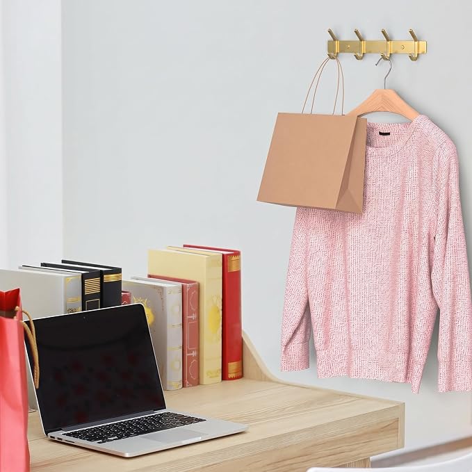 Brushed Gold Wall Mounted Coat Rack – 12 Inch Stainless Steel Rail with 4 Double Coat Hooks for Entryway, Bathroom, Bedroom, Kitchen – Modern Gold Hook Rack for Coats, Hats, Towels
