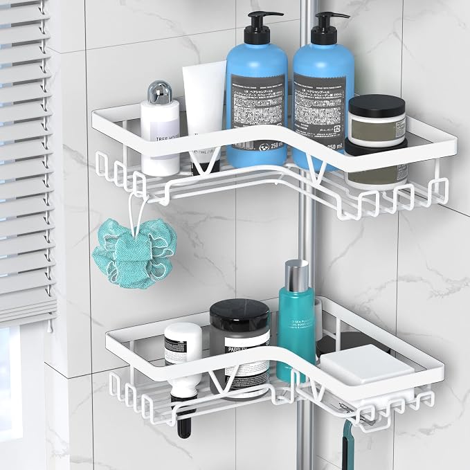 DAOYA Corner Shower Caddy Tension Pole 4 Tier Shower Caddy Organizer White | WIth 28 Hook/2 Soap Dish/ 2 Razor Holder, Rustproof, For Bathtub/Bathroom, Floor to Ceiling 25-114 Inch, Simple Install