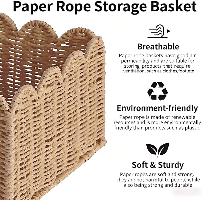 Scalloped Basket, Wicker Storage Baskets, Hand Woven Baskets for Shelves,Natural Baskets for Organizing (S+M)