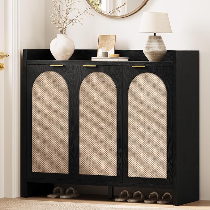 Shoe Cabinet Storage for Entryway - Rattan Accent Cabinet with 3 Doors & Adjustable Shelves, 6-Tier Large Wood Shoes Cabinets with Organizer Rack for Entry Way, Hallway, Living Room, Black