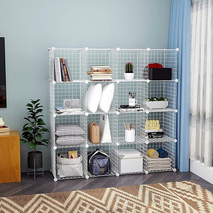 HUBSON Wire Cube Storage Organizer, Book/Toy/Craft/Potted Plants and petCloset Organizers and Storage Shelves, 9-Cube Freely Combinable Metal Grids Storage Shelf, White Iron