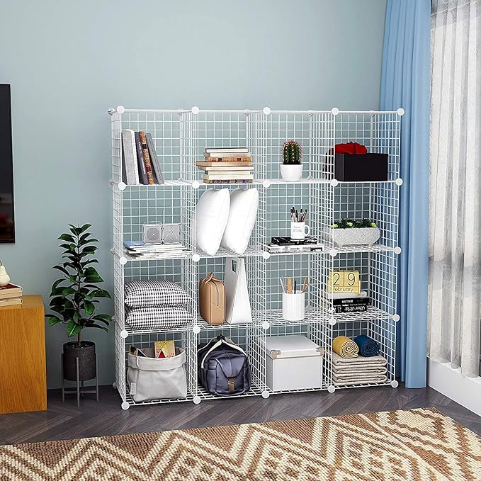 HUBSON Wire Cube Storage Organizer, Book/Toy/Craft/Potted Plants and Pet Closet Organizers, 16-Cube Freely Combinable Metal Grid Storage Shelf, White Iron