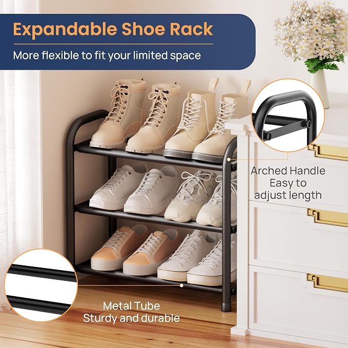 ENJOYBASICS 3 Tier Expandable Shoe Rack for Closet, Free Standing Metal Shoe Shelf Storage Organizer Holder 12 Pairs, Adjustable Width Shoe Rack for Entryway Small Space, Black