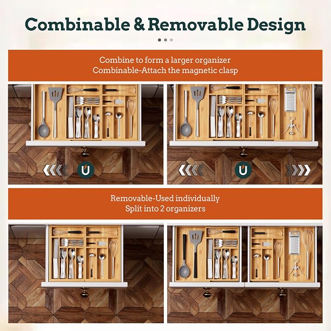 Silverware Organizer Large, Magnetic Connected Expandable 13 Slots Silverware Drawer Organizer From 21 to 37.4 Inches, Adjustable Flatware and Cutlery Holder, Bamboo Utensil Tray for Kitchen Natural