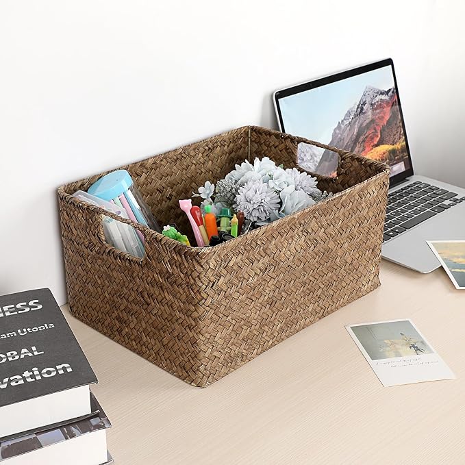 Hipiwe Wicker Storage Bin Handwoven Opened Baskets for Shelf Organizing | Rectangular Decorative Basket, Seagrass Closet Bedroom Organizer Bin Box Multipurpose Storage Basket with Handle