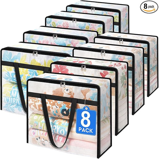 TasticTotes 8 Pack Clear Storage Bags for Comforter, Clothes & Bedding, 60L | Plastic Blanket Storage with Zipper & Handle, Foldable Moving Bags, Closet Organizer and Under-Bed Storage Containers