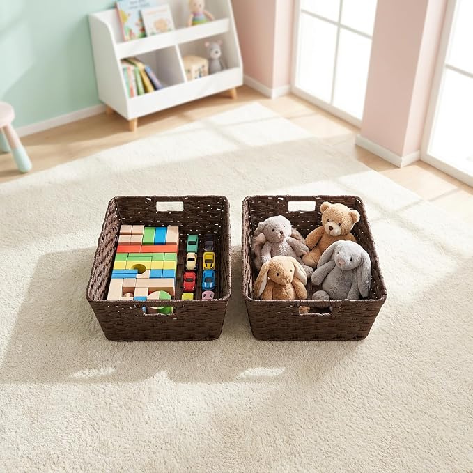 Large 2-Pack Plastic Wicker Storage Baskets, 17"x13"x5.5", Brown | onlytak woven bins for laundry, closet, living room, shelf organization, and even a cat bed – perfect home storage decor.