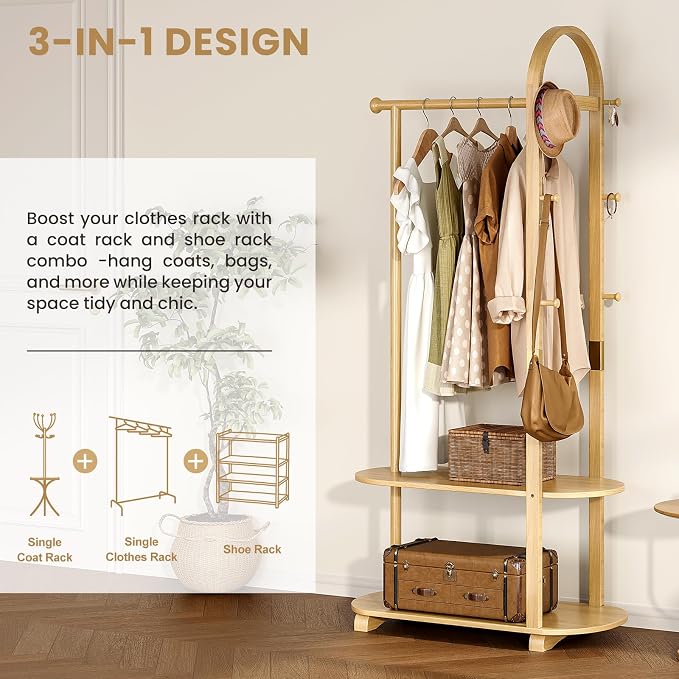 31.5" Wide 3-in-1 Freestanding Clothing Rack.Wooden Coat Rack with 2 Shelves and 6 Hooks,Solid Rubber Wood Coat Rack with Shelves for Entryway, Bedroom, Living Room, Natural