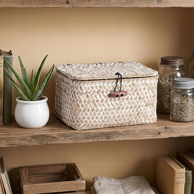 Small Wicker Basket with Lid, Decorative Box for Shelf | Rectangular Bin for Keys & Remotes, Multipurpose Shelf Storage, Durable Natural Seagrass, Whitewash, 6.1"x 4"x 3.3"