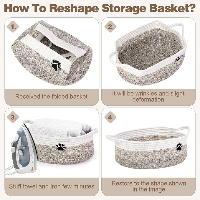 Optish Dog Toy Basket, Toy Box and Bin for Dog Cat Storage, 13.5" X 11" X 5" Small Woven Rope Basket for Baby Storage, Closet, Living Room, White & Brown