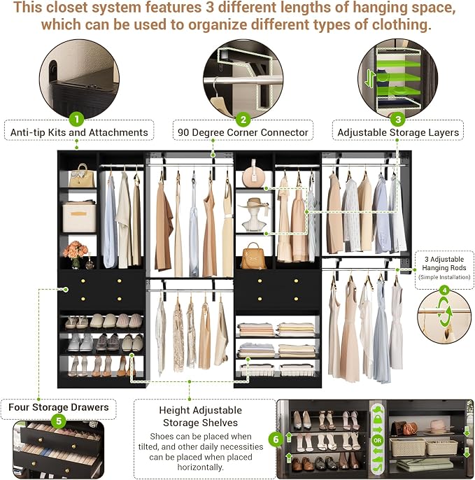 Besiost Closet System with Drawers, 120"/10FT, 151.2"/12.6FT, Built-in Closet Organizer System with Reversible Hanging Shelving and Hanging Rods, Black Set of 2