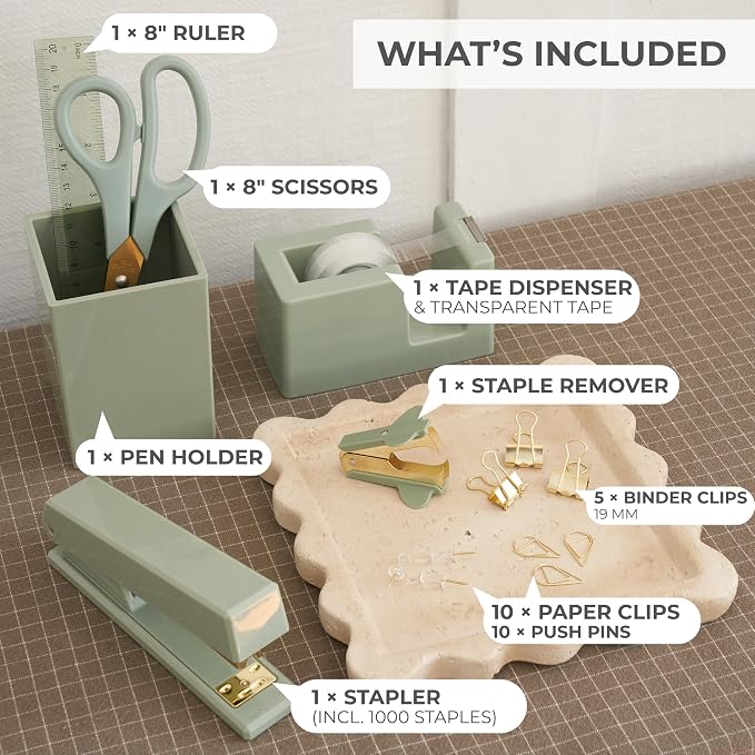Aesthetic Desk Accessories Set - A Complete Desktop Organizer Set For Women Enhances Any Office Decor - An Office Supplies Kit w Gold Finish incl. Pen Holder, Scissors, Stapler, Tape Dispenser & More