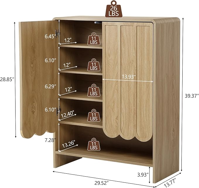 Shoe Storage Cabinet with Scalloped Doors, 5-Tier Wooden Shoe Cabinet with Adjustable Shelves, Shoes Rack Storage Organizer for Entryway, Hallway, Living Room, Natural