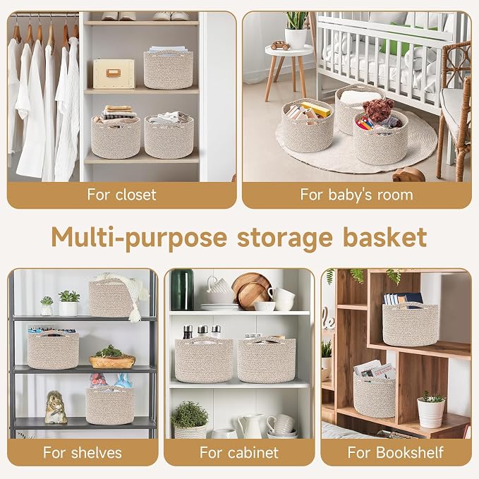 3 Pack Small Rope Storage Baskets, 9.82×9.82×7.1", Brown | Cotton Basket for Gifts Empty, Cute Round Woven Basket, Decorative Shelf Basket Organizer, Organizing Basket for Shelves