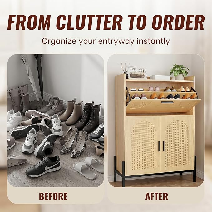 Shoe Cabinet Storage for Entryway, Narrow Wooden Shoe Organizer with Flip Drawer and Lower Double Door Cabinet, Rattan Shoe Cabinet with Metal Legs, 46 x 31.5 x 13.7 in