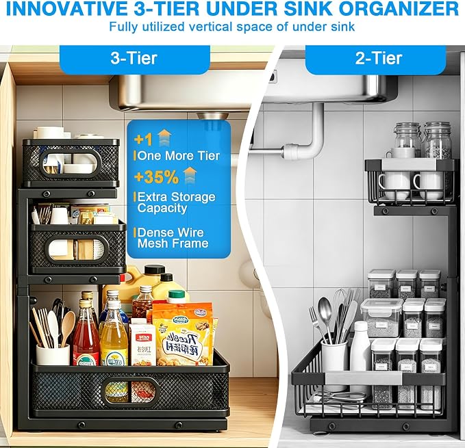 Under Sink Organizer,3-Tier Thickened Metal Pull out Cabinet OrganizerShelf | Height Adjustable Slide out Storage Drawer Rack for under sink organizer bathroom Kitchen,Laundry Room & Pantry