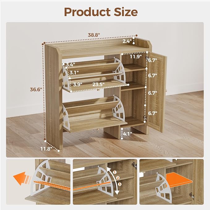 Shoe Cabinet Storage for Entryway with 2 Flip Drawers(3-Tier), Rattan Freestanding with Door & 3 Adjustable Shelve,Hidden Shoe Rack Organizer for Hallway, Foyer