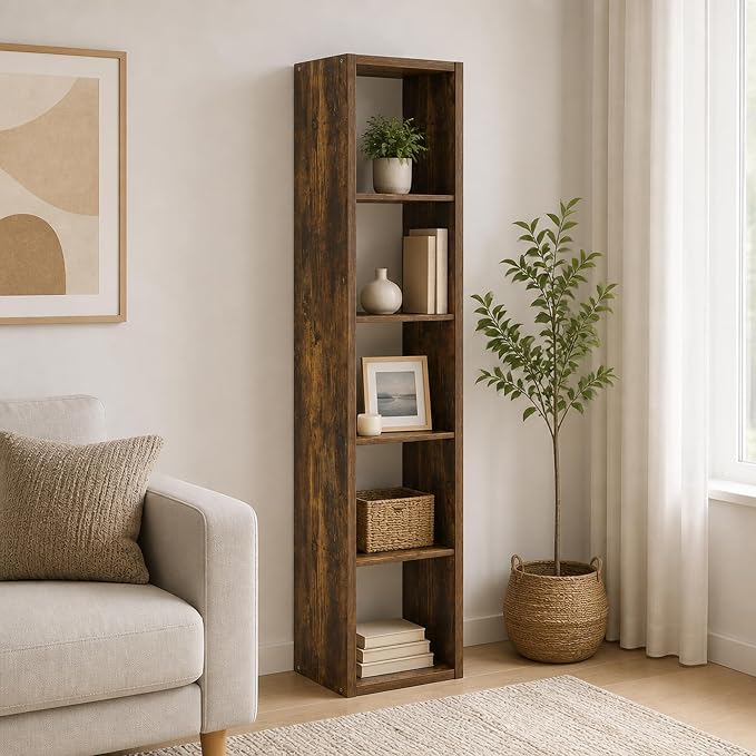 5-Cube Tall Cubicle Bookshelf, Cube Bookcase with Open Back, Reversible Book Shelf, Cube Storage Organizer, 15 x 16 x 72, for Living Room, Home Office, Amber Pine