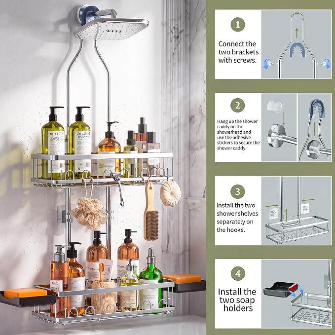 Skyapex Shower Caddy Hanging: Adjustable Height, Rustproof Shelves with Hooks, 2 Soap Holders - Silver Shower Organizer Over Showerhead