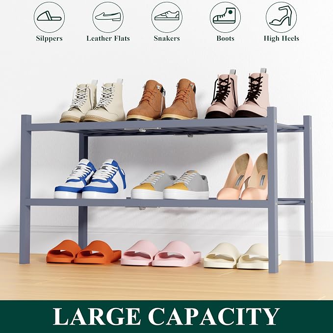 Smiry Bamboo Shoe Rack, 14 Vertical Slats, 2 Tier - 26.8" Wide, Grey | Stackable Free Standing Wooden Shoe Organizer, Wood Shoe Storage Shelf for Closet, Entryway, Thicher Leg