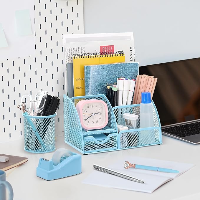 13-in-1 Office Desk Organizer Set with Stapler and Tape Dispenser, Pen Holder, Scissors, Ruler, Hole Punch, 2 Pens & More Desktop Accessories for Back to School Supplies (Blue)