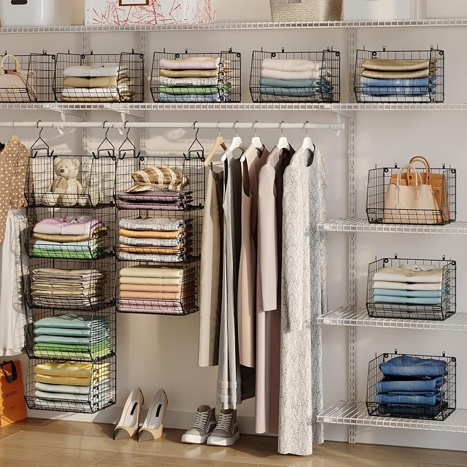 6 Tier Closet Hanging Organizer, Clothes Hanging Shelves with 4 Hanging Hooks 5 S Hooks, Wire Storage Basket Bins, for Clothing Sweaters Shoes Handbags Clutches Accessories Patent Design-Black