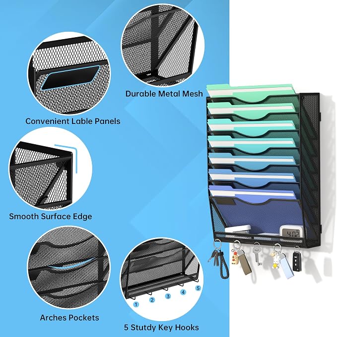 Gawerk Hanging Wall File Organizer with 5 Hooks - Wall Mounted Mail Paper Document Folder Holder, Sturdy Mesh Magazine Rack for Office Home (7+1 Tier)