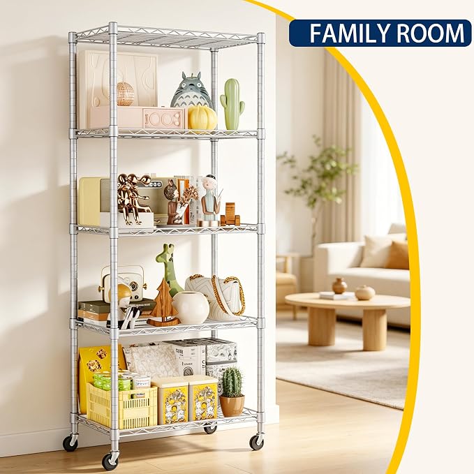 REGILLER 5-Wire Shelving Metal Storage Rack Adjustable Shelves,Standing Storage Shelf Units for Laundry Bathroom Kitchen Pantry Closet(Silver,11.8" D x 21.2" W x 55" H,With Wheels)