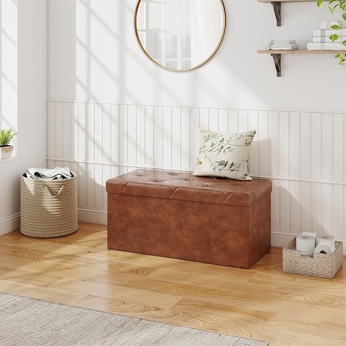 Sweetcrispy 30 Inch Folding Storage Ottoman Bench, Ottoman with Storage | Foot Rest Stool with Padded Seat, End of Bed Storage Bench for Living Room, Bedroom, Loads 660 LBS, Synthetic Leather, Brown